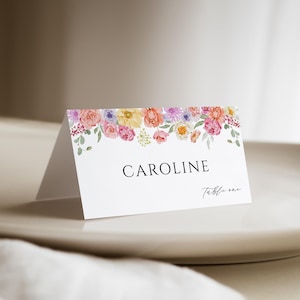 Modello segnaposti floreali pastello Modello modificabile Nomi di luogo di nozze Carta di fiori colorati Carta di nome Fiori di campo Biglietti per addio al nubilato /BM03
