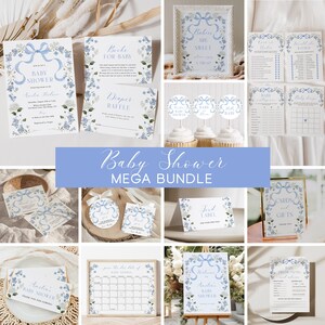 Blue Floral Baby Shower Bundle Blue Bow Baby Shower Invitation Templates Dusty Blue Baby Shower Games Pack Wildflowers Baby Invites | LK01