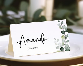 Place Cards Wedding Template,Eucalyptus name cards,Greenery wedding seating cards download,Editable greenery table name cards,| GRENIA