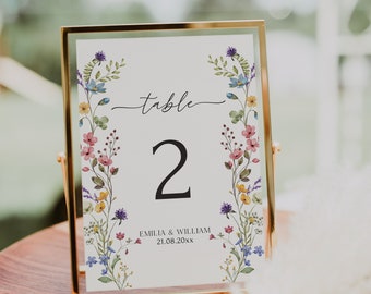 Wildflower Table Number Template Editable Floral Wedding Table Number Signs Boho Flowers Table Cards Printable Wedding Table Sign |EVA