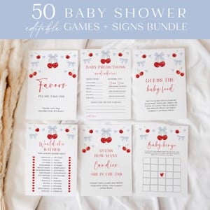 Cherry Baby Shower Games Bundle Blue Bow Cherry Baby Shower Games Pack Blue Coquette Signs Set Cherry on Top Baby Shower Party Games | B006