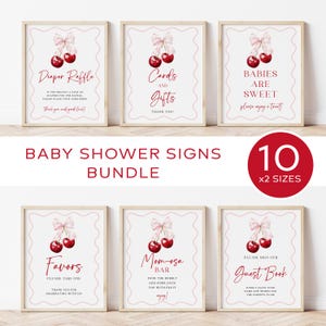 Zestaw znaków na Baby Shower z wiśniami, różowa kokarda, zestaw znaków na stół z wiśniami, różowa kokardka, zestaw na Baby Shower z różową wstążką, wiśnia na szczycie, Baby Shower|B005