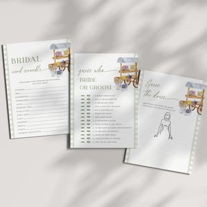 K&ouml;nnte beinhalten: Drei druckbare Brautparty-Spielkarten mit Blumendekor. Die erste Karte ist ein Wort-Suchspiel mit dem Titel "Bridal Word Scramble". Die zweite Karte ist ein "Errate wer Braut oder Br&auml;utigam ist"-Spiel. Die dritte Karte ist ein "Errate das Kleid"-Spiel.