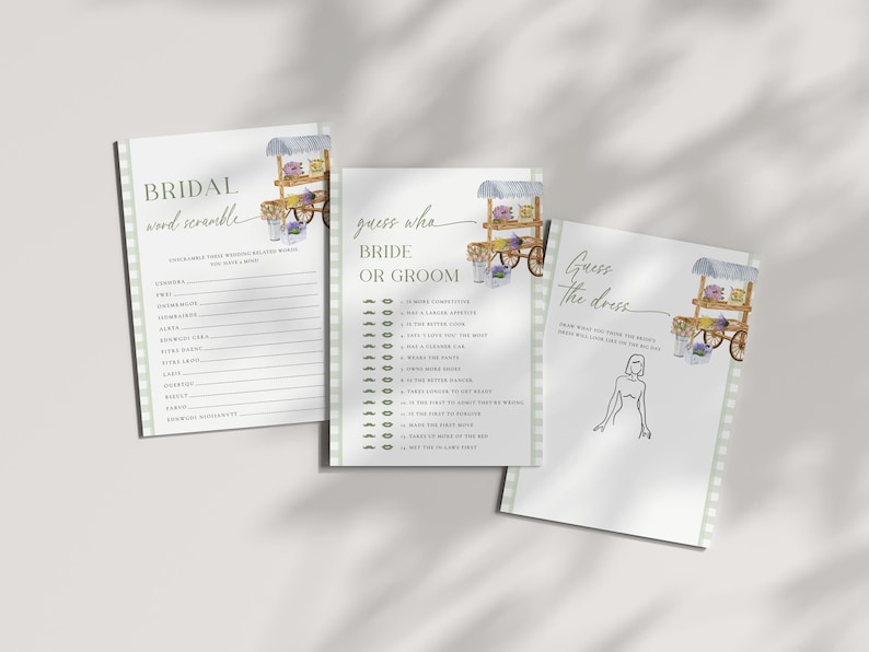 K&ouml;nnte beinhalten: Drei druckbare Brautparty-Spielkarten mit Blumendekor. Die erste Karte ist ein Wort-Suchspiel mit dem Titel "Bridal Word Scramble". Die zweite Karte ist ein "Errate wer Braut oder Br&auml;utigam ist"-Spiel. Die dritte Karte ist ein "Errate das Kleid"-Spiel.