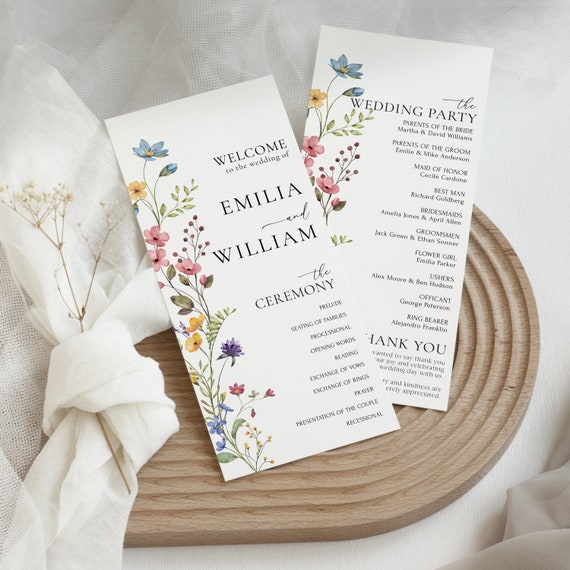 Wildflower Wedding Program Template Floral Wedding Ceremony Program Boho Flowers Modern Program Card Printable Wedding Day Program | EVA