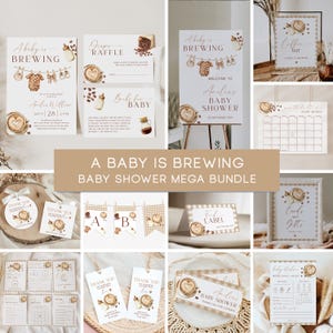 Pode incluir: Um conjunto de artigos de papelaria para chá de bebé com tema de café. O pacote inclui convites, etiquetas de agradecimento, um letreiro de boas-vindas e muito mais. O texto "A Baby is Brewing" é exibido em destaque, com uma paleta de cores neutras.