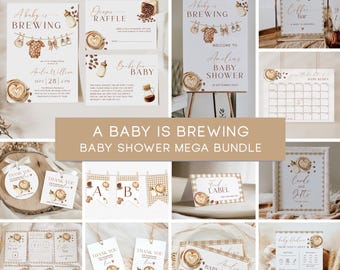 Coffee Baby Shower Mega Bundle A Baby Is Brewing Baby Shower Invites Coffee Baby Shower Games Pack Beige Gingham Table Signs, Decor | CF01
