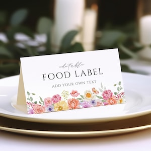 Pastel Floral Food Label Template Colorful Flowers Bridal Shower Buffet Card Spring Wedding Food Label Editable Buffet Tent Card | BM03