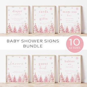 Winter Baby Shower Signs Bundle Pink Pine Tree Table Signs Set Winter Wonderland Baby Shower Bundle Pink Christmas Signs Snowflake | CH04