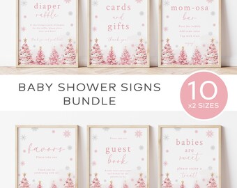 Paquete de letreros para baby shower de invierno, letreros de mesa con diseño de pino rosa, paquete de letreros para baby shower de Winter Wonderland, letreros navideños rosas, copo de nieve/CH04
