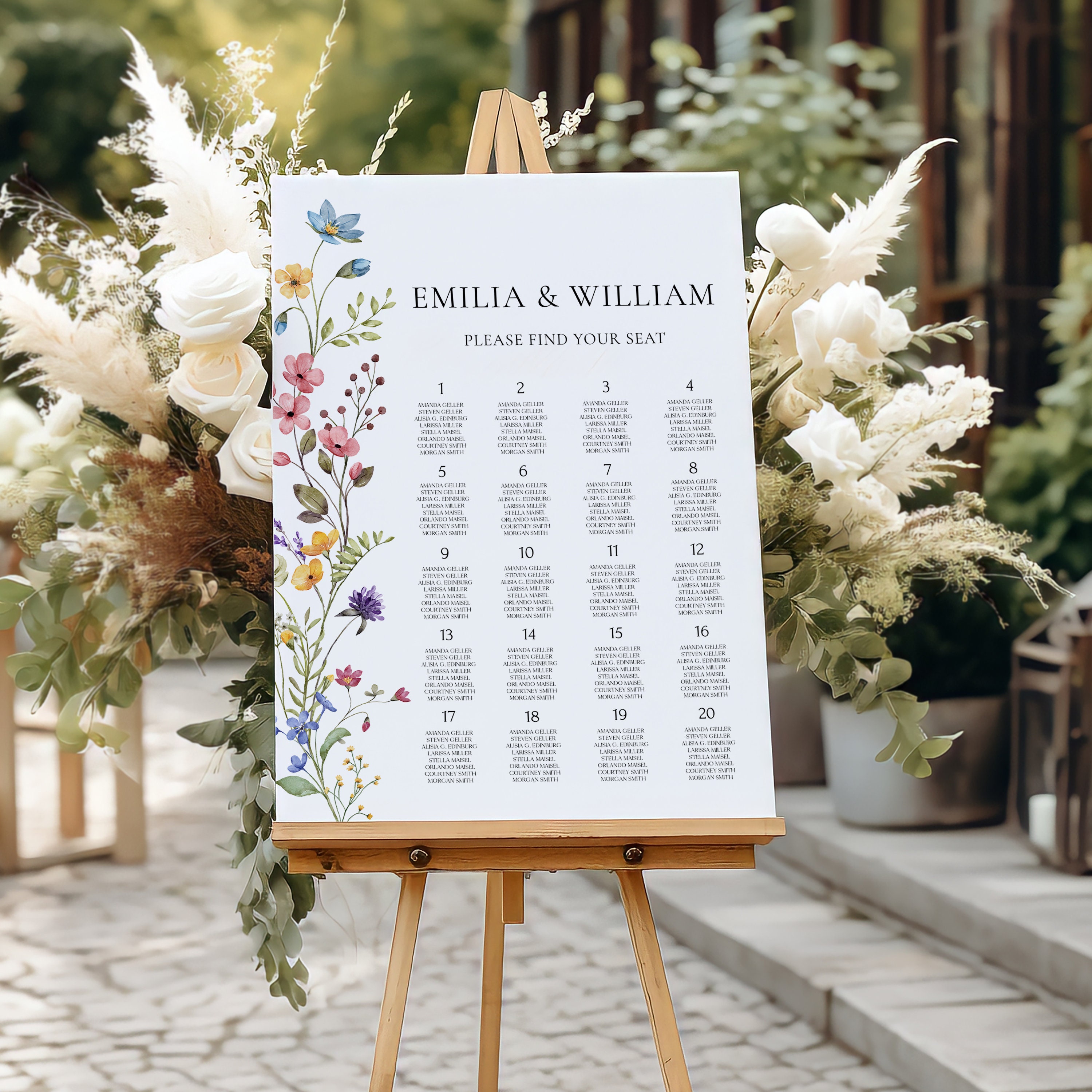 Modelo de gráfico de assentos de flores silvestres Plano de assentos de casamento Editável Floral Gráfico de assentos de casamento Pôster Boho Flores Sinal de assentos para impressão |