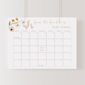 Dumme Gans Fälligkeitsdatum Kalender Bearbeitbarer Dumme Gans Babyparty Spiel Feld Blumen Errate Babys Ankunftsdatum Zeichen, Errate Babys Geburtsdatum BW09