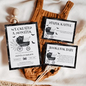 May include: Halloween-themed baby shower invitations and inserts. The invitation reads "We Created a Monster" with a stroller graphic, spiderwebs, and bats. Inserts include a diaper raffle and a request for books for the baby.