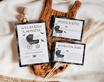 Uitnodigingsbundel babyshower voor Halloween, we hebben een monsteruitnodiging gemaakt, gotische uitnodiging voor monsterkoets, afdrukbaar | HB11