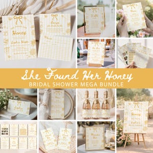 Op de afbeelding: Een verzameling bruidsdouche-briefpapier met een goud- en wit thema. De items omvatten uitnodigingen, receptkaarten, tafelkaarten, menu's, bedanklabels en een welkomstbord. De tekst "She Found Her Honey" wordt prominent weergegeven.