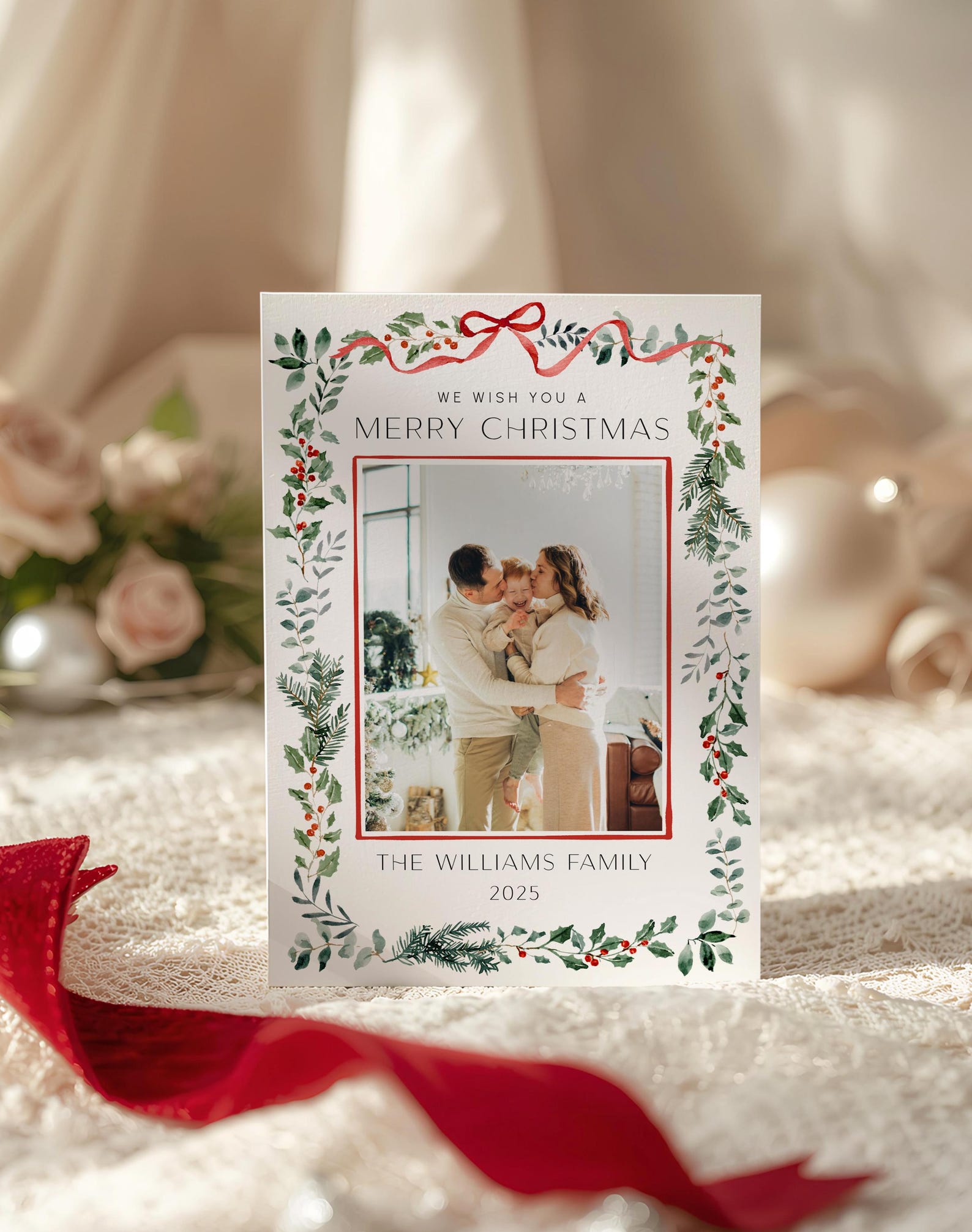 Editable Photo Christmas Card Template Red Bow Holiday Card Botanical ...