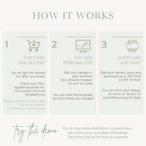 Puede incluir: Una infograf&iacute;a verde claro titulada "C&Oacute;MO FUNCIONA" con tres pasos: Comprar y acceder, Editar y personalizar y Descargar e imprimir. Cada paso incluye una breve descripci&oacute;n y un icono. La parte inferior de la imagen dice "try the demo".