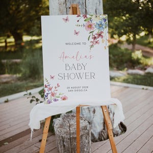 Wildflower Baby Shower Welcome Sign Template Boho Flowers Welcome Poster Pink Butterflies Wildflower Welcome Sign Baby in Bloom Shower| B009