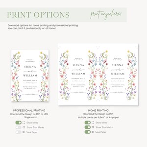 Puede incluir: Dise&ntilde;o de invitaci&oacute;n de boda con arreglos florales en rosa, azul y morado. La invitaci&oacute;n incluye los nombres "Sienna y William" y detalles del evento. Se muestran opciones de impresi&oacute;n profesional y dom&eacute;stica.