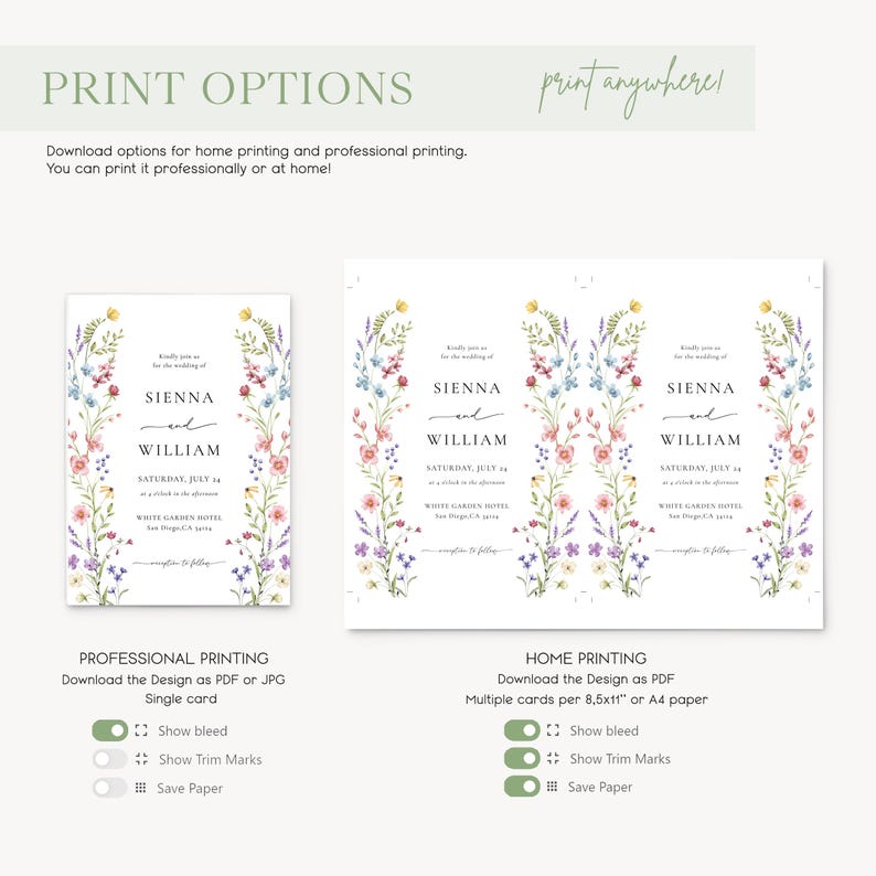 Puede incluir: Dise&ntilde;o de invitaci&oacute;n de boda con arreglos florales en rosa, azul y morado. La invitaci&oacute;n incluye los nombres "Sienna y William" y detalles del evento. Se muestran opciones de impresi&oacute;n profesional y dom&eacute;stica.