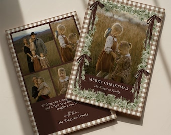 May include: Two rectangular Christmas cards with a brown and white gingham border. The cards feature family photographs, green foliage illustrations, and brown ribbon graphics. Text includes MERRY CHRISTMAS, the Kingston family, and a holiday greeting.