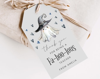 May include: A gray thank you tag with a cute ghost wearing a witch hat. The tag says "Thank you for being a Fa-boo-lous Teacher from Amelia".