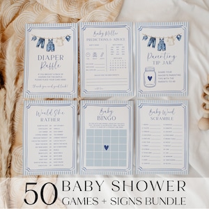 May include: A bundle of baby shower games and signs. The cards have a blue and white theme with illustrations of baby clothes. The text on the cards includes "Diaper Raffle," "Baby Bingo," and "Baby Word Scramble."