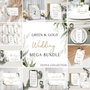 Greenery gold wedding invitation MEGA bundle Template,Printable wedding invites bundle,editable eucalyptus wedding invitation set | OLIVIA