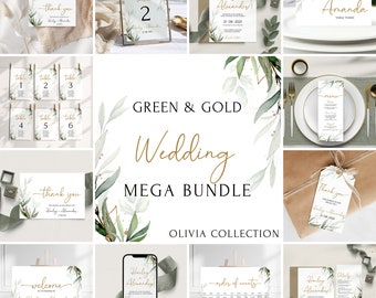 Greenery gold wedding invitation MEGA bundle Template,Printable wedding invites bundle,editable eucalyptus wedding invitation set | OLIVIA