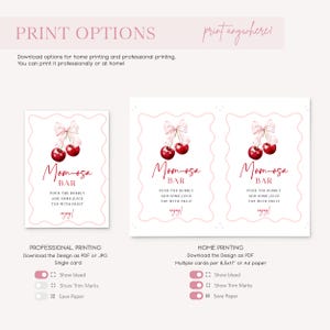 May include: Printable digital download for a pink and red "Mom-osa Bar" sign with cherries and a bow. The sign says "Pour the bubbly, add some juice, top with fruit, enjoy!"