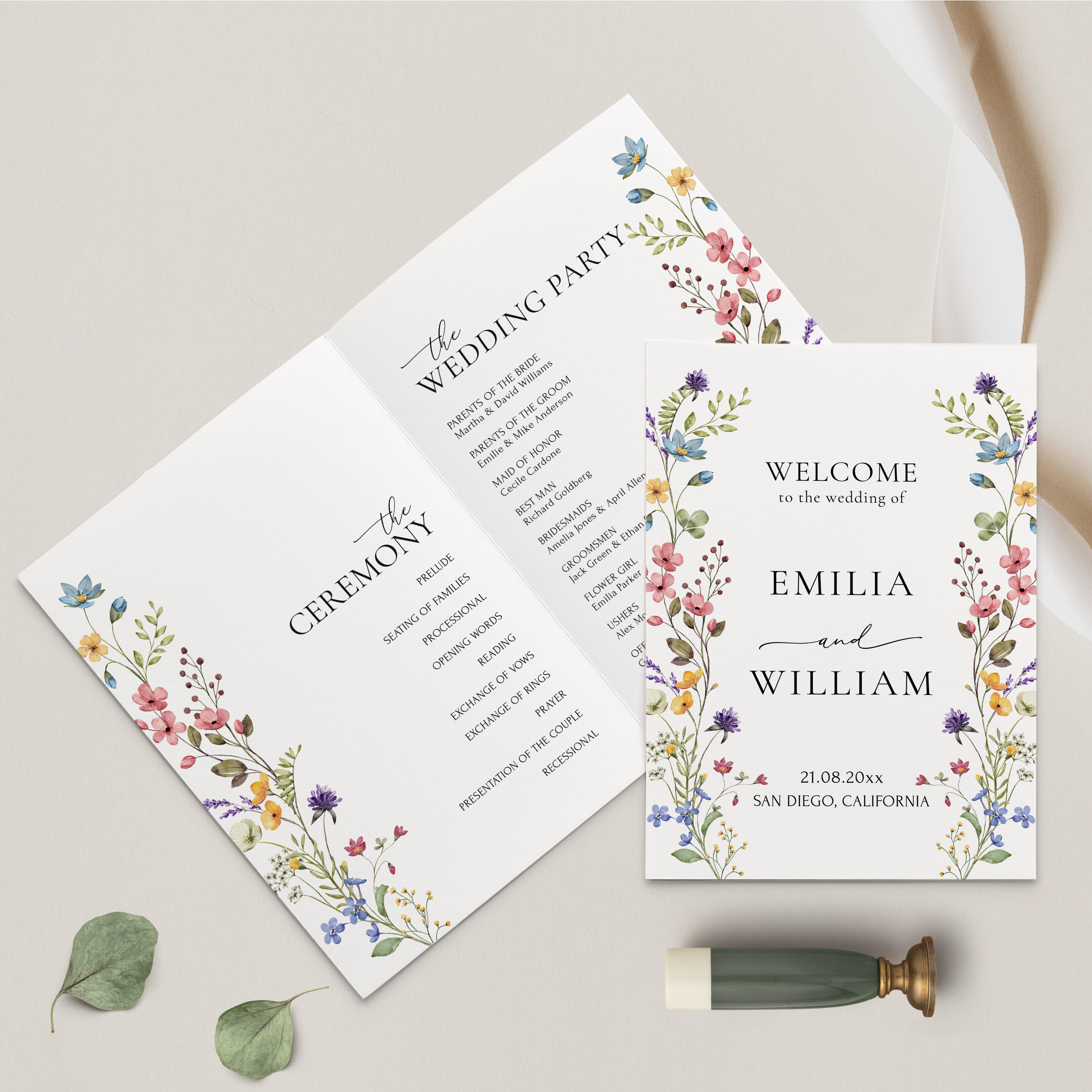 Wildflower Wedding Program Template Floral Wedding Ceremony Program Folded Wedding Program Modern Wedding Program Card Printable | EVA