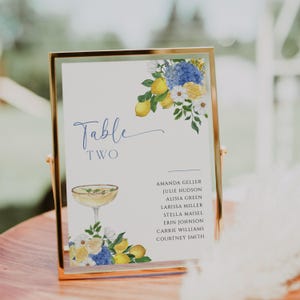 Modelo de número de mesa floral azul cítrico Placas de número de mesa de limão mediterrâneo Placa de assento de chá de panela de hortênsia azul editável | K005