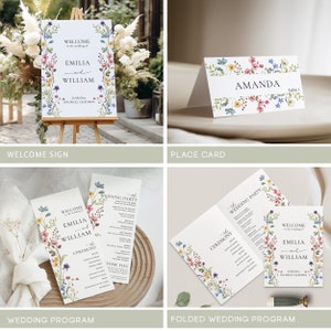 May include: A set of wedding stationery featuring a floral design with blue, pink, and yellow flowers. The set includes a welcome sign, place card, and wedding program. The welcome sign says "Welcome to the wedding of Emilia and William". The place card says "Amanda, Table 1". The wedding program includes the ceremony and wedding party details.