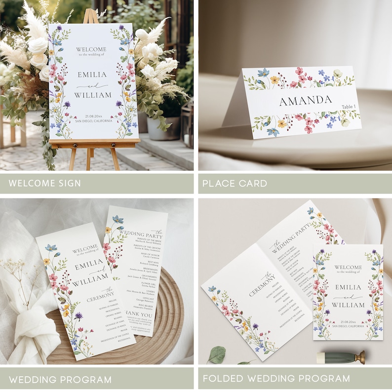 May include: A set of wedding stationery featuring a floral design with blue, pink, and yellow flowers. The set includes a welcome sign, place card, and wedding program. The welcome sign says "Welcome to the wedding of Emilia and William". The place card says "Amanda, Table 1". The wedding program includes the ceremony and wedding party details.