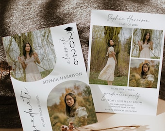 May include: Graduation party invitations with photos of a graduate. The invitations include the graduate's name, "Class of 2026", and party details. The design is elegant with a soft, natural aesthetic.