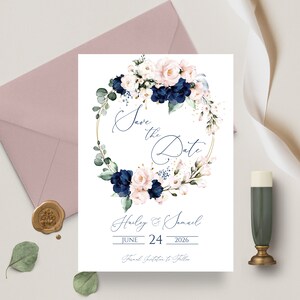 Navy Blue and Soft Pink Save the Date Card,Floral Save the Date Template,Blush Pink and Blue Navy save the date,Wedding save the date| BELLA