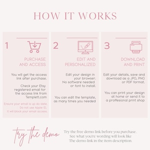 May include: A pink and white graphic with three steps on how to purchase, edit, and download a printable design. The steps are numbered 1, 2, and 3. Each step has an icon representing the step. Step 1 is a shopping cart with a downward arrow, step 2 is a computer screen with a pencil, and step 3 is a printer. The text says "How it works", "Purchase and Access", "Edit and Personalised", and "Download and Print".