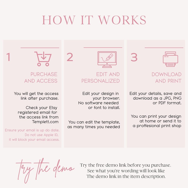 May include: A pink and white graphic with three steps on how to purchase, edit, and download a printable design. The steps are numbered 1, 2, and 3. Each step has an icon representing the step. Step 1 is a shopping cart with a downward arrow, step 2 is a computer screen with a pencil, and step 3 is a printer. The text says "How it works", "Purchase and Access", "Edit and Personalised", and "Download and Print".