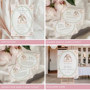May include: A collection of baby shower stationery featuring a bunny theme. Includes invitations, diaper raffle tickets, books for baby cards, and a welcome sign. The designs are in soft pastel colors with floral accents.