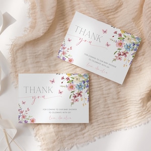 Étiquette de remerciement fleurs sauvages Bébé en fleurs Carte de remerciement pour baby shower imprimable Tente florale de papillons roses | B009