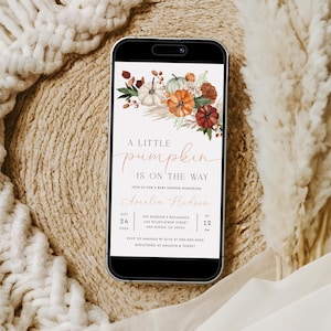 Little Pumpkin Baby Shower Digital Template Editable Boho Fall Invite Autumn Digital Baby Shower Evite Gender Neutral Iphone Invite | BW06