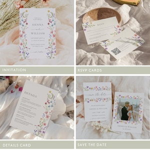 Puede incluir: Un conjunto de papeler&iacute;a de boda con dise&ntilde;os florales. Incluye una invitaci&oacute;n, tarjetas RSVP, una tarjeta de detalles y una tarjeta de reserva de fecha. La invitaci&oacute;n dice "Sienna y William" y "S&aacute;bado 14 de julio".