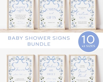 Blue Floral Baby Shower Signs Bundle Dusty Blue Bow Table Signs Set Baby in Bloom Boy Signs Bundle Blue Ribbon Digital Signs | LK01