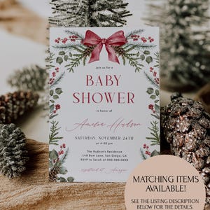 Christmas Custom Sign Template Red Bow Table Sign Editable Greenery Christmas Party Sign Winter Wedding Sign December Shower Sign| CH01 image 6