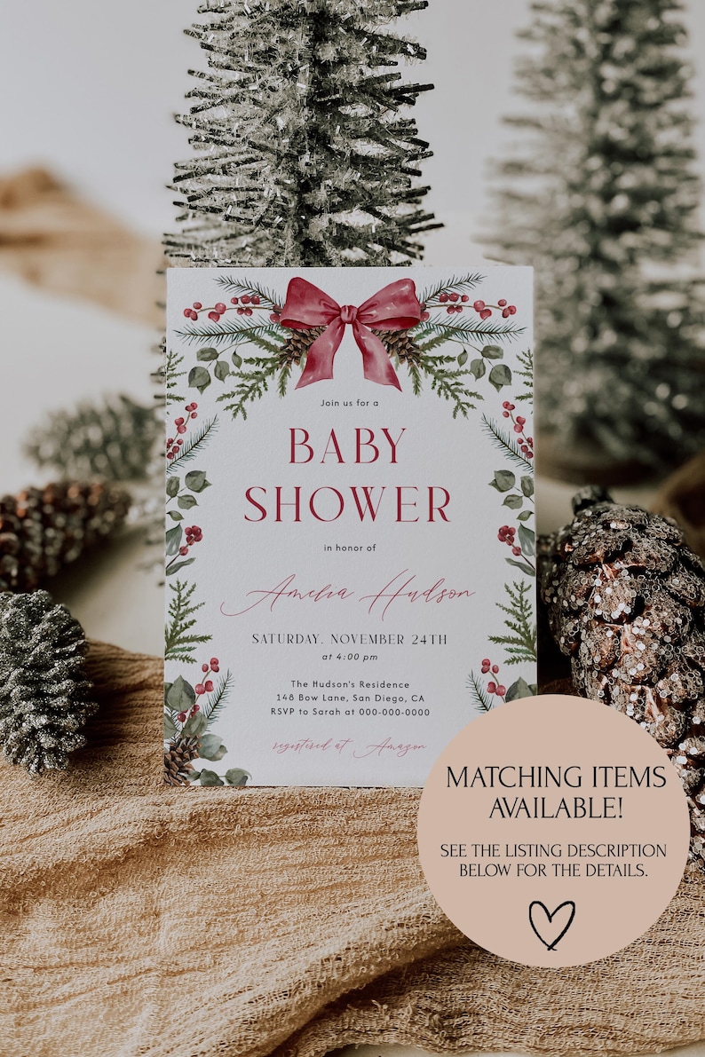 Christmas Custom Sign Template Red Bow Table Sign Editable Greenery Christmas Party Sign Winter Wedding Sign December Shower Sign| CH01 image 6