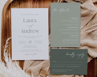 Sage Green Wedding Invitation Suite Green Invitation Template Printable Minimalist Wedding Invite Bundle Sage Wedding Invite Set diy |VM05