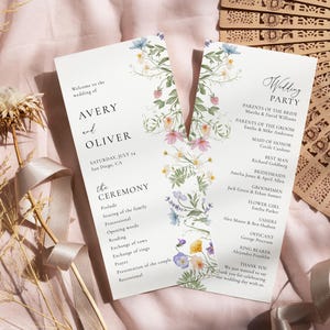 Programa de boda con flores silvestres Plantilla editable para programa de ceremonia floral Tarjeta con programa de flores pastel Plantilla de cronograma de boda botánica/VM10