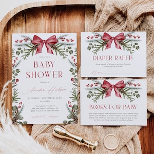 Christmas Baby Shower Invitation Bundle Winter Greenery Baby Shower Invite Set Red Bow Invitation Template Holiday Baby Sprinkle | CH01
