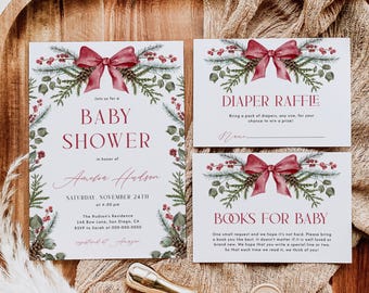 Christmas Baby Shower Invitation Bundle Winter Greenery Baby Shower Invite Set Red Bow Invitation Template Holiday Baby Sprinkle | CH01