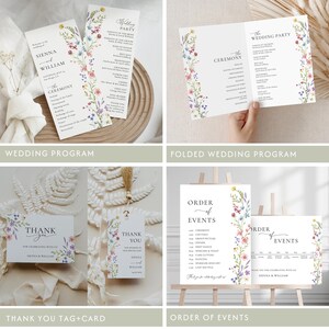 Puede incluir: Una colecci&oacute;n de papeler&iacute;a de boda con dise&ntilde;os florales. Incluye programas de boda, programas plegados, tarjetas y etiquetas de agradecimiento, y carteles de orden de eventos. Los dise&ntilde;os presentan flores coloridas y fuentes elegantes.